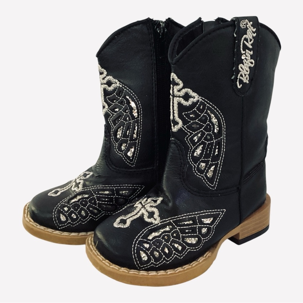 Blazin Roxx Child Black Glitter Angel Wings Cross Square Toe Cowboy Boots Sz 5